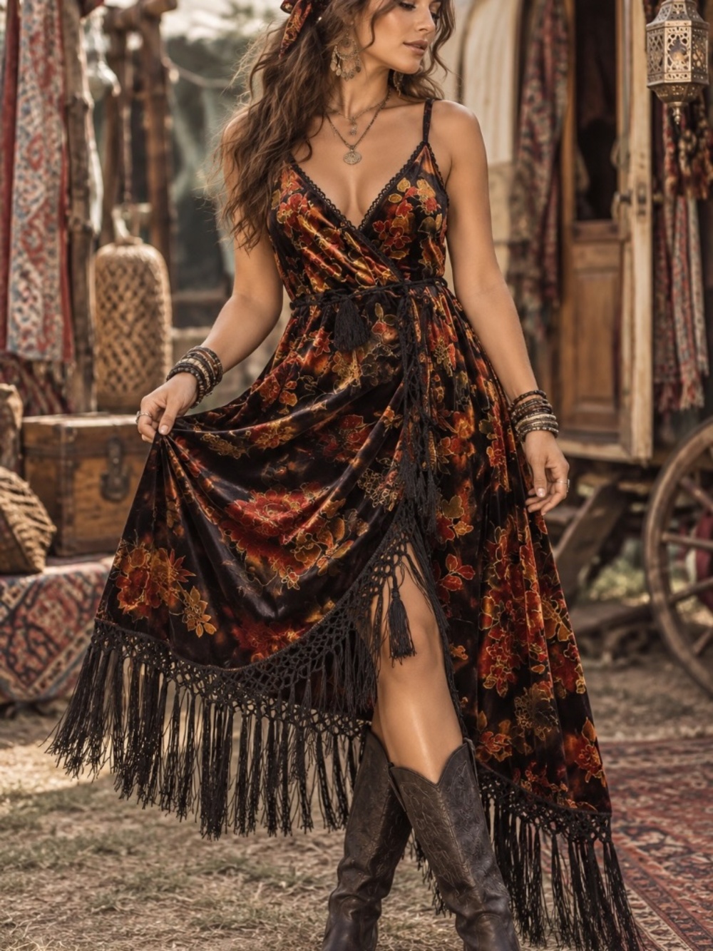Romwe Wrap Dress Womens Size 2XL Neutral All Over Print Velvet Fringe Boho